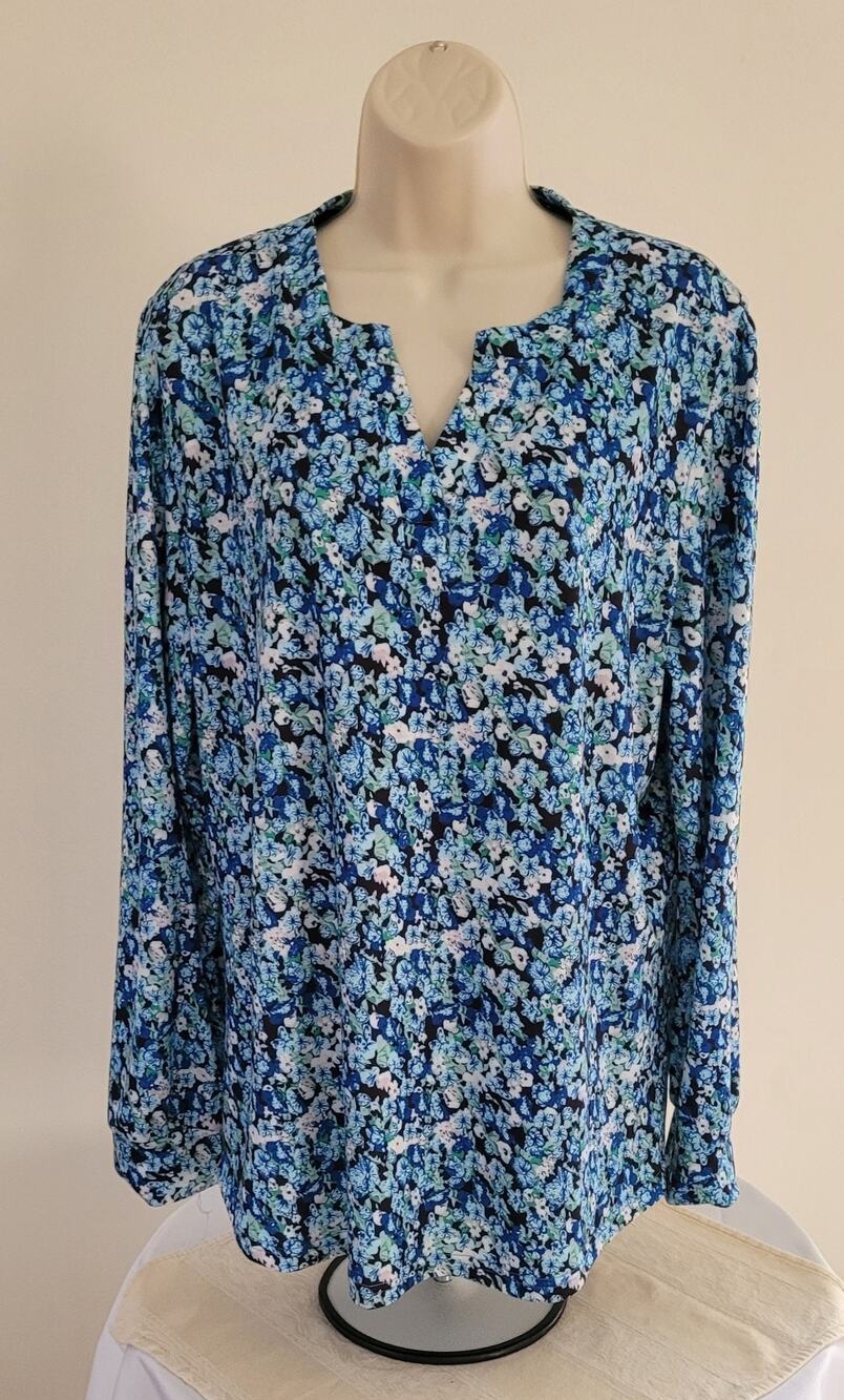 FANTASLOOK Long Sleeve Blue Floral print Knit Shirt Tunic Top --Sz XL-NEW!!!